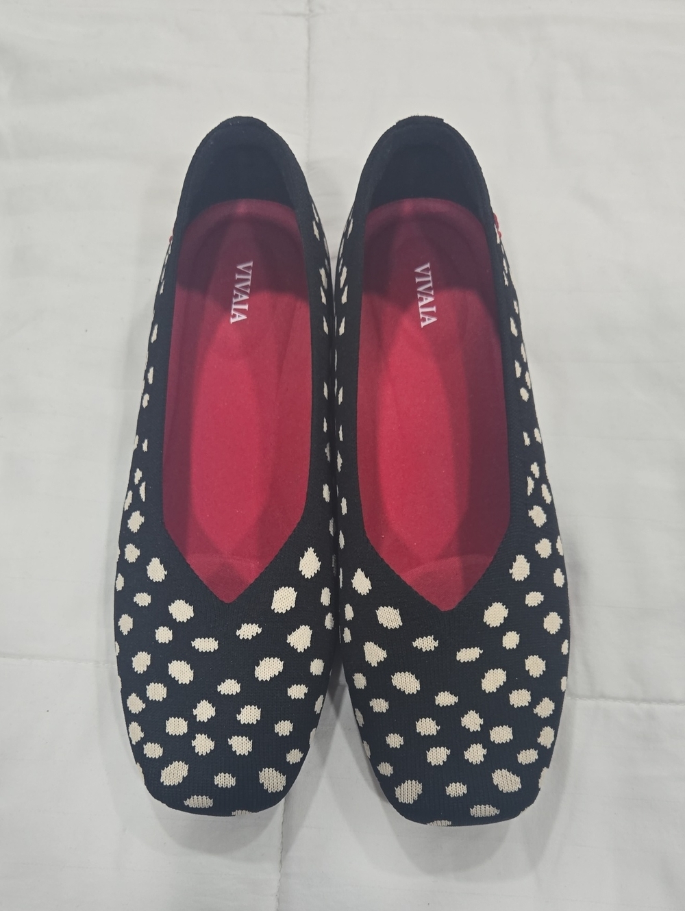 VIVAIA Black Polka Dot Knit Ballet Flats with Red Insole
